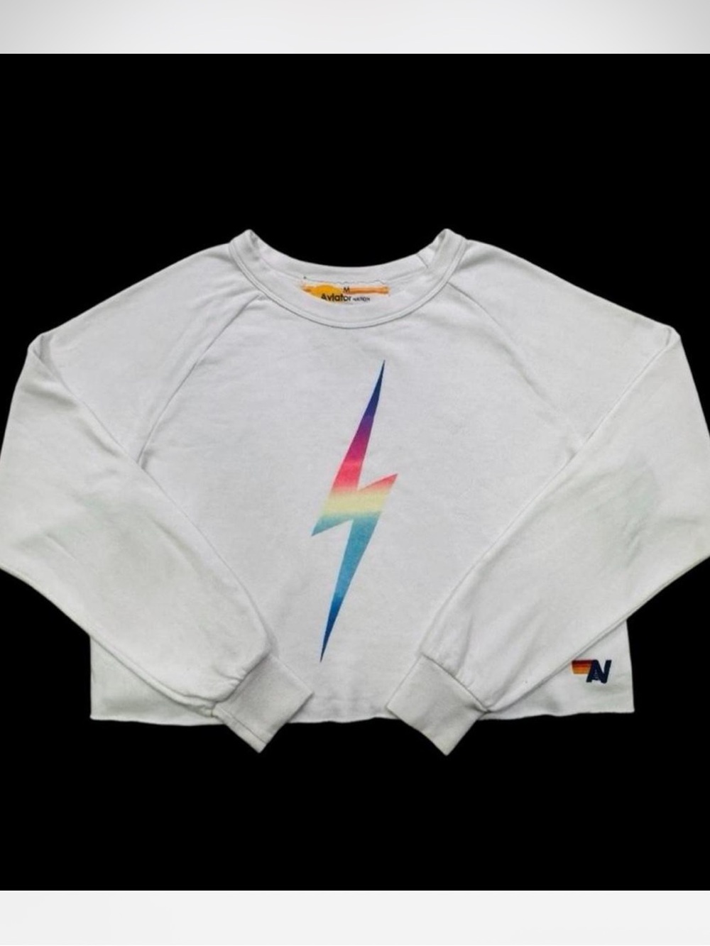Aviator Nation White Sweatshirt with Rainbow Lightning Bolt
